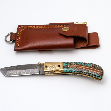 Hand-Forged Damascus Tanto Folder | Teal Pine Cone Handle with Engraved Brass Bolster & Fire Starter - TF-072