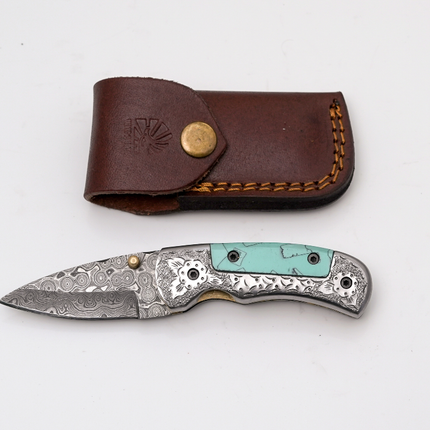 Hand-Forged Damascus Folder | Turquoise Handle, Engraved Bolster & Intricate Scrollwork - TF-076