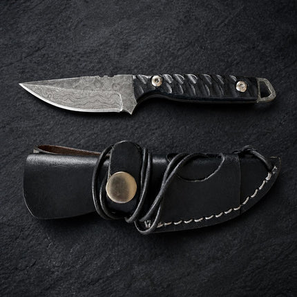 "Shadow Scale" Damascus Hunting Knife | Drop-Point Blade | Carved Black Micarta Handle | Black Leather Sheath TK-516
