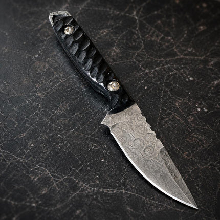 "Shadow Scale" Damascus Hunting Knife | Drop-Point Blade | Carved Black Micarta Handle | Black Leather Sheath TK-516