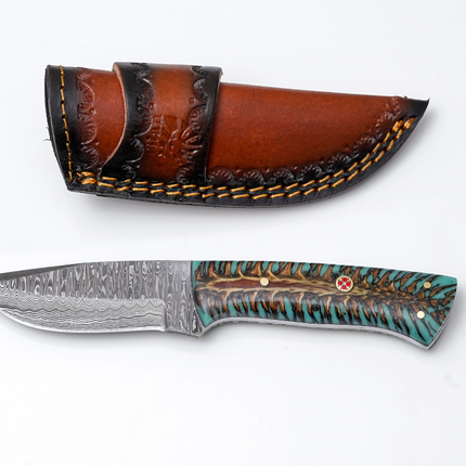 Hand-Forged Damascus Steel Skinner Knife — Stabilized Pine Cone & Teal Resin Handle with Mosaic Pin TK-445