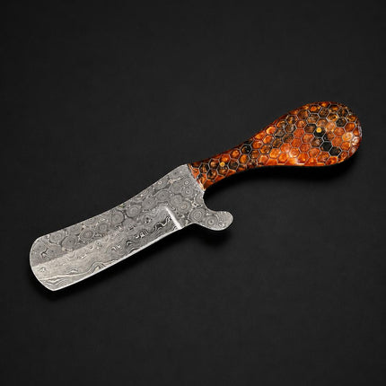 Fossil "Amber Hive" Damascus Bull Cowboy Cutter | Honeycomb Resin Handle | Hand-Tooled Leather Sheath TK-513