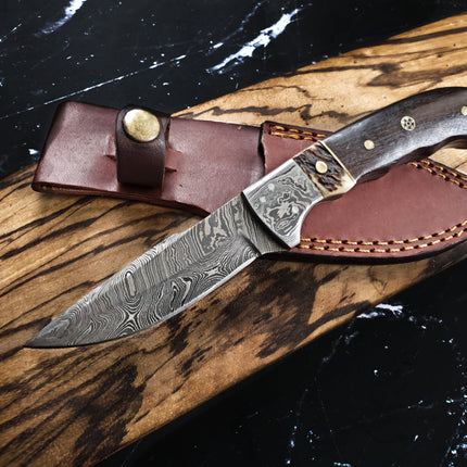 Damascus Steel Fixed Blade Knife with Walnut & Stag Horn Handle Hunting Knife TD-159