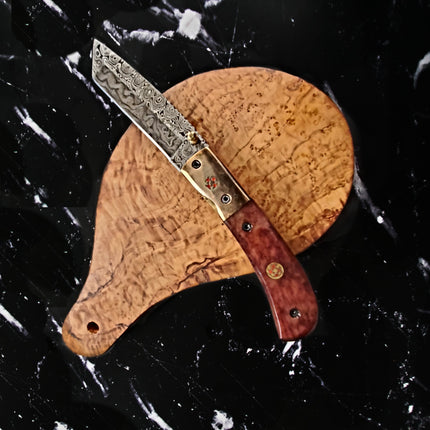 Damascus Steel Folding Knife Tanto Blade Dyed Bone Handle and Copper Bolster Pocket Samurai
