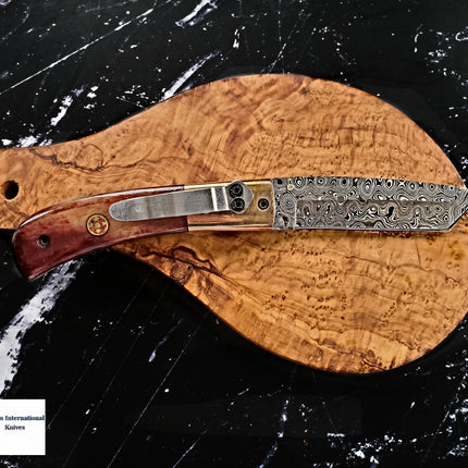 Damascus Steel Folding Knife Tanto Blade Dyed Bone Handle and Copper Bolster Pocket Samurai