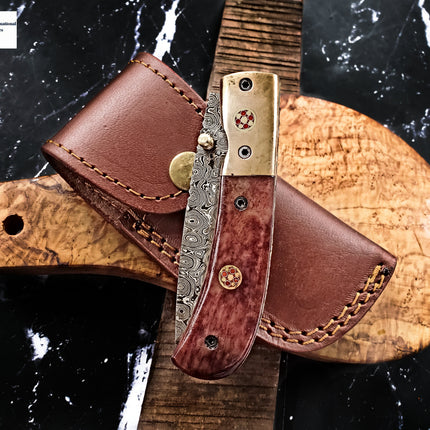 Damascus Steel Folding Knife Tanto Blade Dyed Bone Handle and Copper Bolster Pocket Samurai
