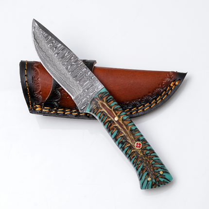 Hand-Forged Damascus Steel Skinner Knife — Stabilized Pine Cone & Teal Resin Handle with Mosaic Pin TK-445