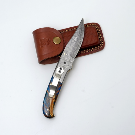 Hand-Forged Damascus Folding Pocket Knife | Blue Resin & Burl Wood Handle with Pocket Clip & Spine File Work -TF-073