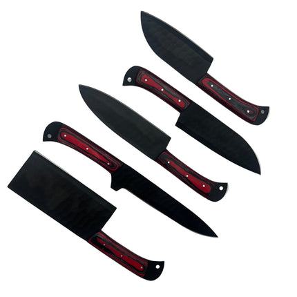 "Midnight Inferno" 5-Piece BBQ Knife Set | Hand Forged Black Hammered Steel | Red Wood Handles