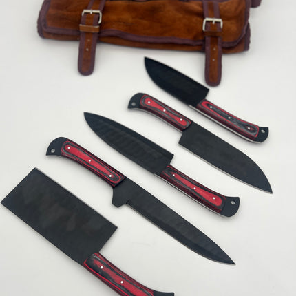 "Midnight Inferno" 5-Piece BBQ Knife Set | Hand Forged Black Hammered Steel | Red Wood Handles