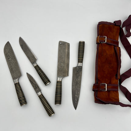 5-Piece Hand-Forged Damascus Kitchen Knife Set — Stacked Black Buffalo Horn & Brass Handles