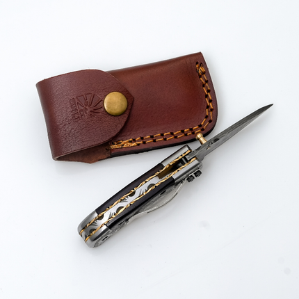 Hand-Forged Damascus Folding Knife | Engraved Bolster, Dark Wood Handle & Intricate Spine File Work TF-074