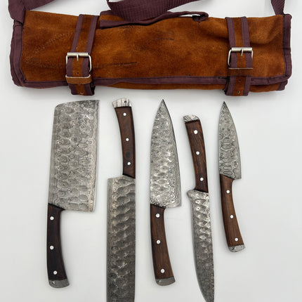 5-Piece Hand-Forged Damascus Kitchen Knife Set — Dark Walnut Handles