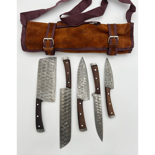 5-Piece Hand-Forged Damascus Kitchen Knife Set — Dark Walnut Handles