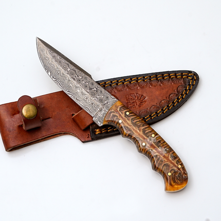 Handmade Damascus Steel "Gecko" Fixed Blade Knife with Amber Resin Pine Cone Resin Handle | Hunting, Camping &amp; Collectible Knife - TK-443
