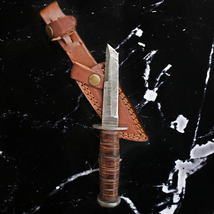 Military Style Tanto knife High Carbon Damascus Blade Hand Made Stacked Leather Handle TD-235
