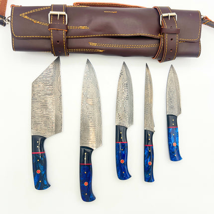 5 Piece Hand Forged Damascus Chef Knife Set with Blue Resin Handles and Leather Travel Roll - Elysian Edge