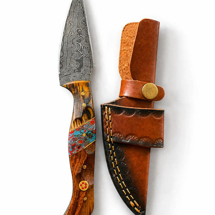 "Painted Mesa" Damascus Hunting Knife | Cocobolo Rosewood & Turquoise Mosaic Handle | Hand-Tooled Leather Sheath TK-514