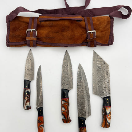 5-Piece Hand-Forged Damascus Kitchen Knife Set — Amber Swirl Resin & Black Hybrid Handles with Leather Suede Roll Bag