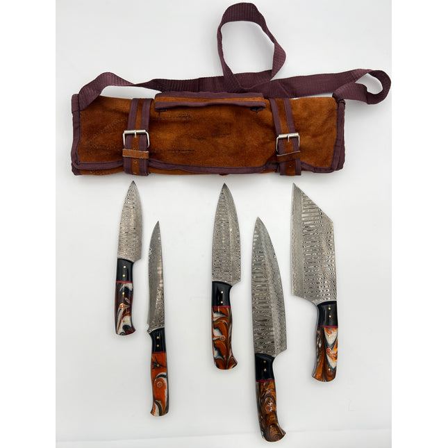 5-Piece Hand-Forged Damascus Kitchen Knife Set — Amber Swirl Resin & Black Hybrid Handles with Leather Suede Roll Bag