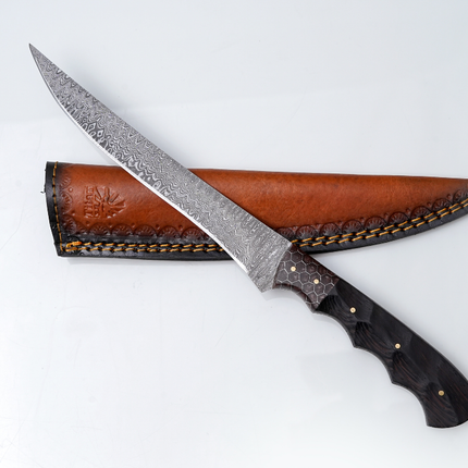 Damascus Steel Fillet Knife — Blade with Honeycomb & Dark Wood Hybrid Handle — Fishing & Boning Tool TK-446