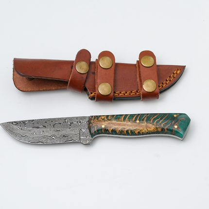 Damascus Steel "Gecko" Fixed Blade Knife with Forest Green Pine Cone Scales Resin Handle - TK-444