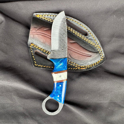 "Sapphire Hook" Hawkbill Skinner | High Carbon RASP Steel Blade, Blue Pearl Handle TIK-006