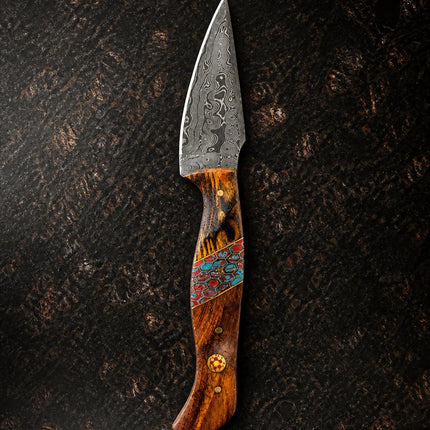 "Painted Mesa" Damascus Hunting Knife | Cocobolo Rosewood & Turquoise Mosaic Handle | Hand-Tooled Leather Sheath TK-514
