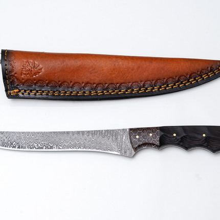 Damascus Steel Fillet Knife — Blade with Honeycomb & Dark Wood Hybrid Handle — Fishing & Boning Tool TK-446
