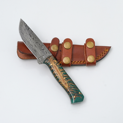 Damascus Steel "Gecko" Fixed Blade Knife with Forest Green Pine Cone Scales Resin Handle - TK-444