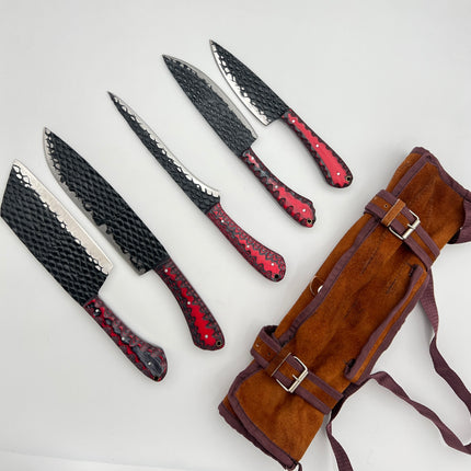 5-Piece "Dragon Scale" Hand-Forged Kitchen Knife Set — Black Textured Blade & Red/Black Scalloped Wood Handles