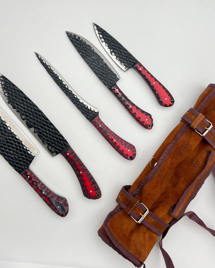 5-Piece "Dragon Scale" Hand-Forged Kitchen Knife Set — Black Textured Blade & Red/Black Scalloped Wood Handles