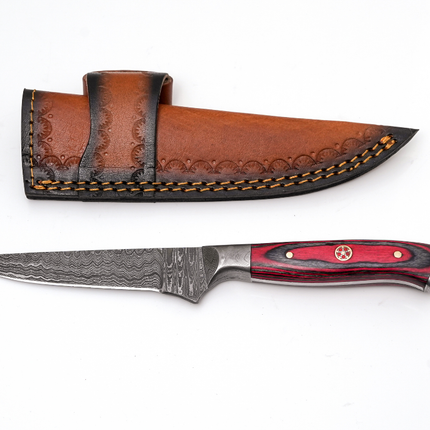 Hand-Forged Damascus Steel Skinning Knife | Red Pakkawood Handle & Mosaic Pin - TK-448