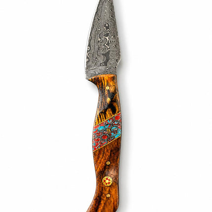 "Painted Mesa" Damascus Hunting Knife | Cocobolo Rosewood & Turquoise Mosaic Handle | Hand-Tooled Leather Sheath TK-514