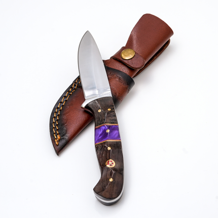 Hand-Forged Satin Finish Hunter | Purple Pearl Resin & Textured Wood Hybrid Handle with Mosaic Pin - TK-449