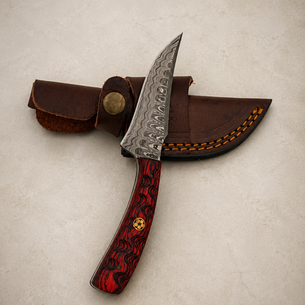 Handmade Damascus Hunting Knife with Leather Sheath – 6” Fixed Blade Knife