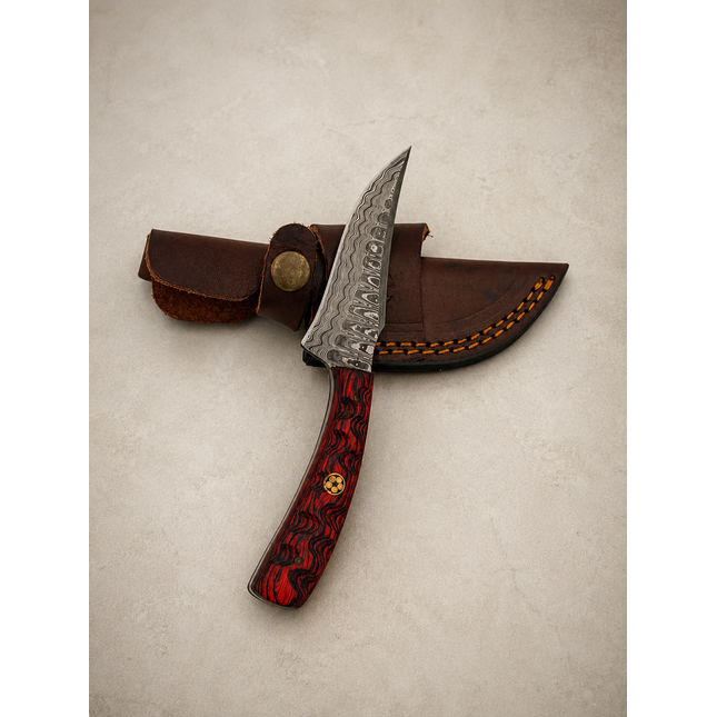 Handmade Damascus Hunting Knife with Leather Sheath – 6” Fixed Blade Knife