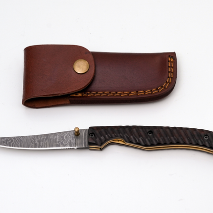 Hand-Forged Damascus Slim Folder | Textured Dark Wood Handle & Intricate Spine File Work - TF-075
