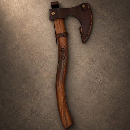 Hand-Forged Damascus Steel Bearded Axe | 1095 & 15N20 Steel | Rosewood Handle & Leather Sheath