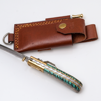 Hand-Forged Damascus Tanto Folder | Teal Pine Cone Handle with Engraved Brass Bolster & Fire Starter - TF-072
