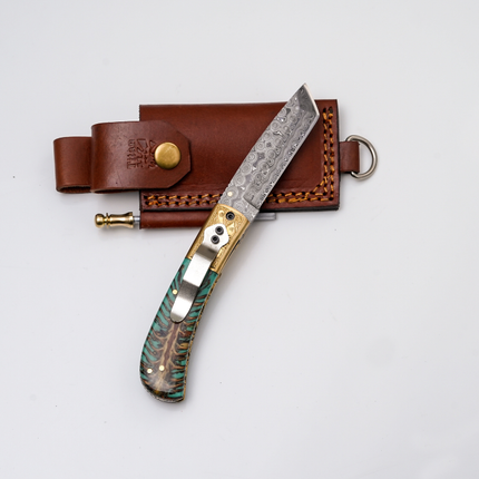 Hand-Forged Damascus Tanto Folder | Teal Pine Cone Handle with Engraved Brass Bolster & Fire Starter - TF-072