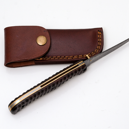 Hand-Forged Damascus Slim Folder | Textured Dark Wood Handle & Intricate Spine File Work - TF-075