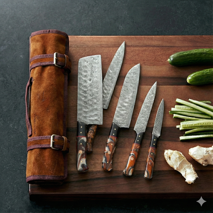 5-Piece Hand-Forged Damascus Kitchen Knife Set — Amber Swirl Resin & Black Hybrid Handles with Leather Suede Roll Bag