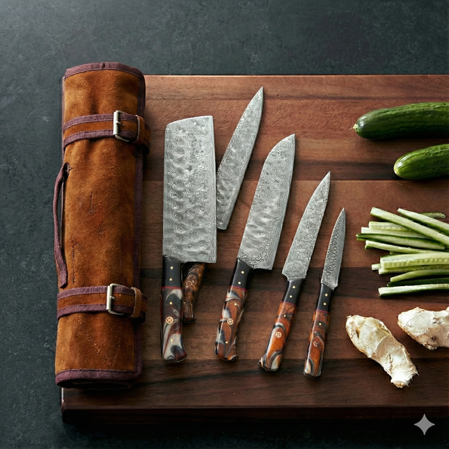 5-Piece Hand-Forged Damascus Kitchen Knife Set — Amber Swirl Resin & Black Hybrid Handles with Leather Suede Roll Bag