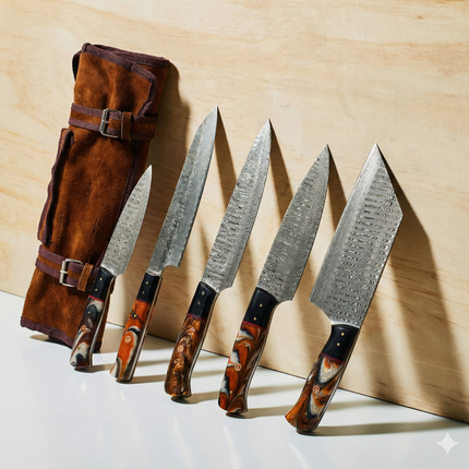 5-Piece Hand-Forged Damascus Kitchen Knife Set — Amber Swirl Resin & Black Hybrid Handles with Leather Suede Roll Bag