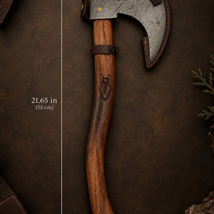 Hand-Forged Damascus Steel Bearded Axe | 1095 & 15N20 Steel | Rosewood Handle & Leather Sheath