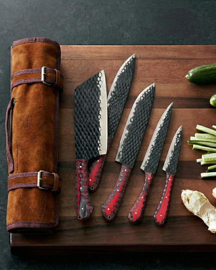 5-Piece "Dragon Scale" Hand-Forged Kitchen Knife Set — Black Textured Blade & Red/Black Scalloped Wood Handles