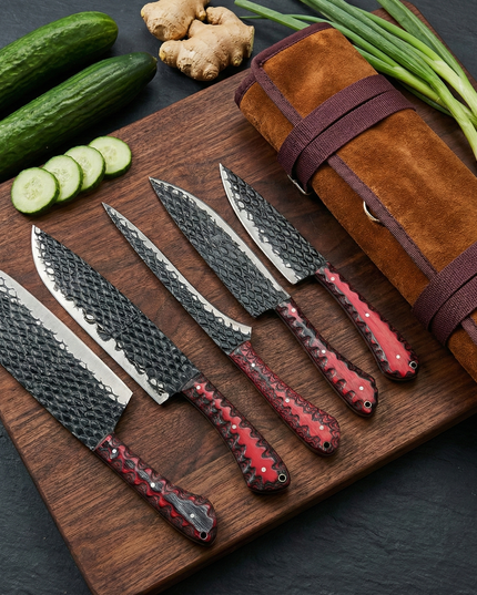 5-Piece "Dragon Scale" Hand-Forged Kitchen Knife Set — Black Textured Blade & Red/Black Scalloped Wood Handles