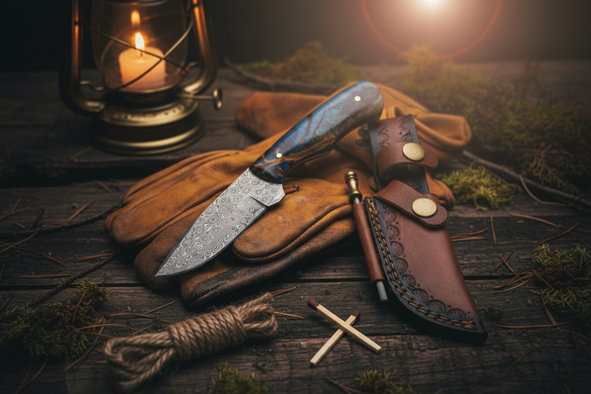 Hand-forged Damascus knife with a blue resin handle and tooled leather sheath, resting on worn leather gloves beside a lantern on weathered wood