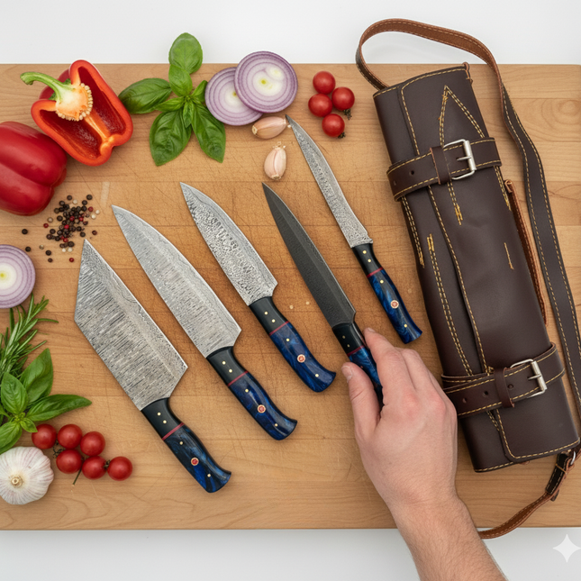 Real Damascus Steel 5-Piece Chef Knife Set with Leather Roll Blue Resin Handle